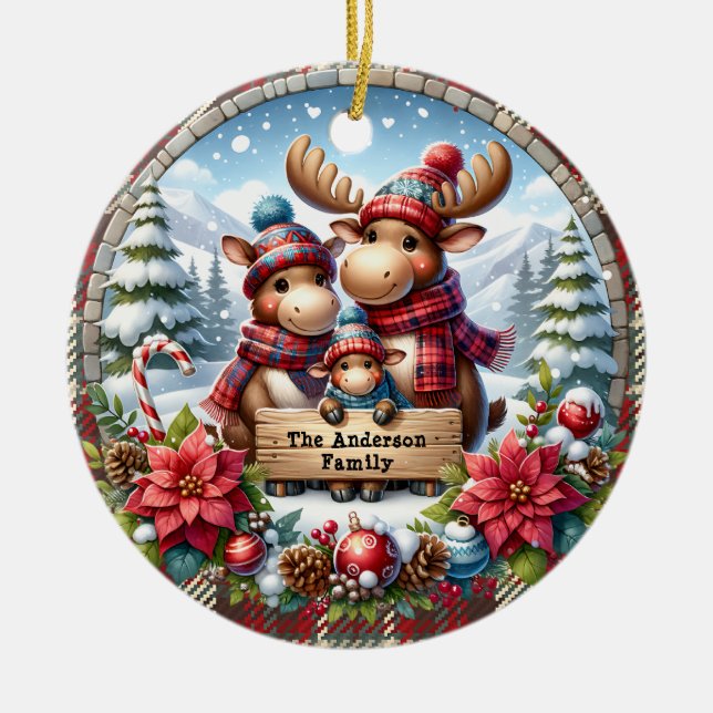 Ornamento De Cerâmica Família personalizada de três renas no Natal (Frente)