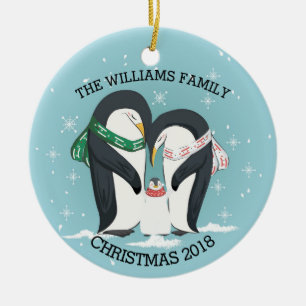 Ornamento De Cerâmica Família personalizada de um Natal de 3 pinguins
