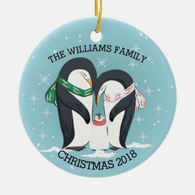 Ornamento De Cerâmica Família personalizada de um Natal de 3 pinguins (Frente)