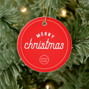 Ornamento De Cerâmica Família personalizada feliz natal simples Red Orna