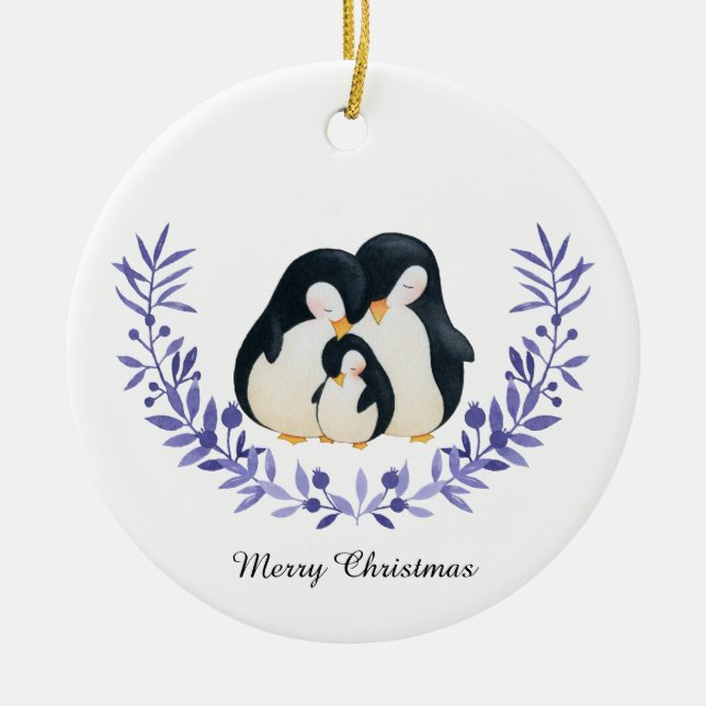 Ornamento De Cerâmica Família Pinguim Feliz de Natal (Frente)