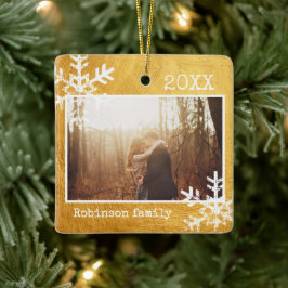 Ornamento De Cerâmica Família Rustic Snowflake Dourada