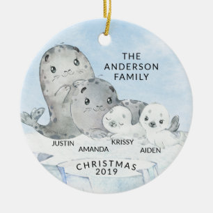 Ornamento De Cerâmica Família Seal de 4 de Natal