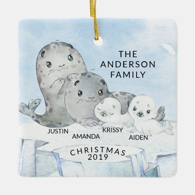 Ornamento De Cerâmica Família Seal de 4 de Natal (Frente)