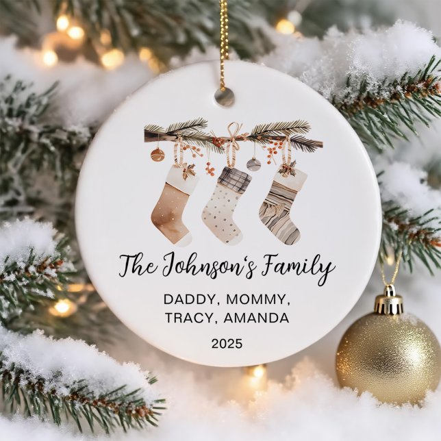 Ornamento De Cerâmica Family Christmas Watercolor Stockings Photo (Criador carregado)