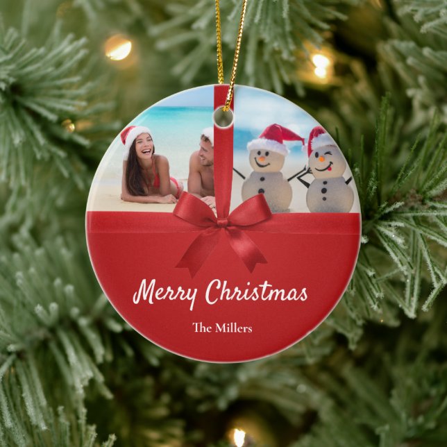 Ornamento De Cerâmica Family Name Beach Photo Christmas Ornament (Árvore)