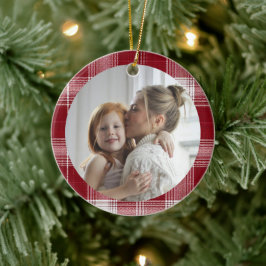 Ornamento De Cerâmica Family Photo Red Plaid Christmas Ornament