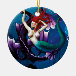 Ornamento De Cerâmica Fantasia Azul Mística Sereia Dragão de Água Roxa