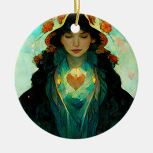 Ornamento De Cerâmica Fantasia de Mulher do Coração Brilhante Sci-Fi