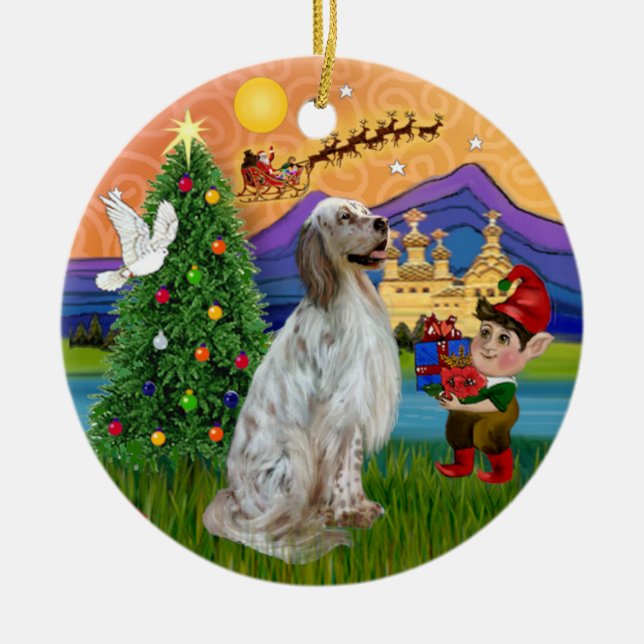 Ornamento De Cerâmica Fantasia de Natal - Setter Inglês (Frente)