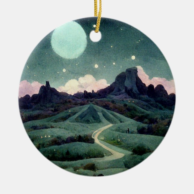 Ornamento De Cerâmica Fantasia de Paisagem Lua (Frente)