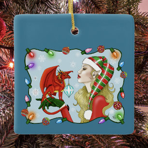 Ornamento De Cerâmica Fantasia do Dragão Vermelho da Loira de Natal
