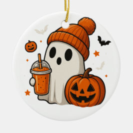 Ornamento De Cerâmica Fantasma de Halloween Fofo com Abóbora e Bebida