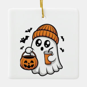Ornamento De Cerâmica Fantasma de Halloween Kawaii Laranja de Gorro Espí