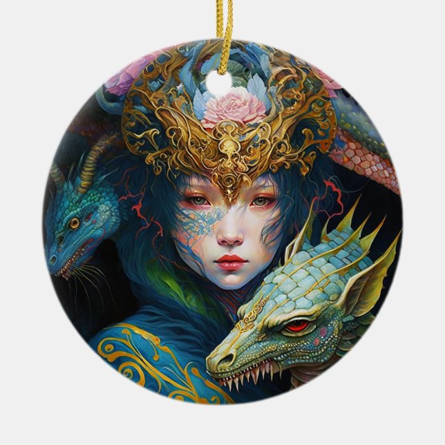 Ornamento De Cerâmica Fantasy Art Dragon Deusa Rainha Cerâmica Ornament (Frente)