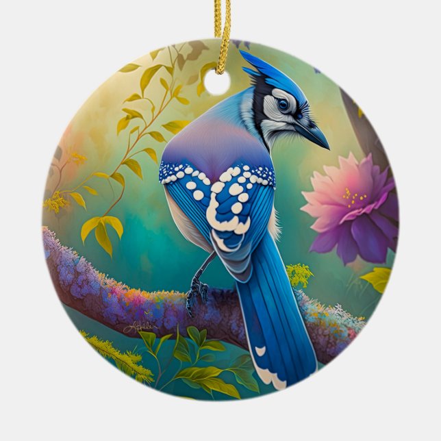 Ornamento De Cerâmica Fantasy Birds Blue Jay (Frente)