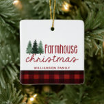 Ornamento De Cerâmica Farmhouse Christmas Buffalo Nome da Xadrez Foto<br><div class="desc">Farmhouse Christmas Buffalo Nome da Xadrez Foto Cerâmica Ornament - O ornamento apresenta estilo escrito manualmente que diz "natal de fazenda" com três pinheiros verdes e. seu nome familiar. O ornamento é acentuado com xadrez de búfalo vermelha. O verso deste ornamento especial mostra sua foto e seu ano. Que Natal...</div>