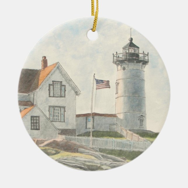 Ornamento De Cerâmica Farol de Cape Neddick Aquarela (Frente)