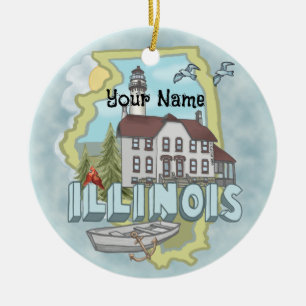 Ornamento De Cerâmica Farol de Illinois nome personalizado