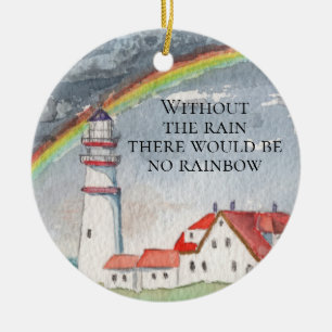 Ornamento De Cerâmica Farol Vermelho e Branco Inspirador e Arco-íris