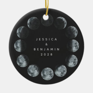 Ornamento De Cerâmica Fases da Lua em Aquarela Preta Casal Personalizado