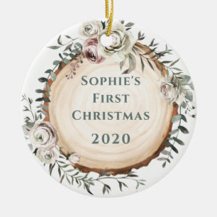 Ornamento De Cerâmica Fatia de Árvores de Madeira com Flores Primeiro