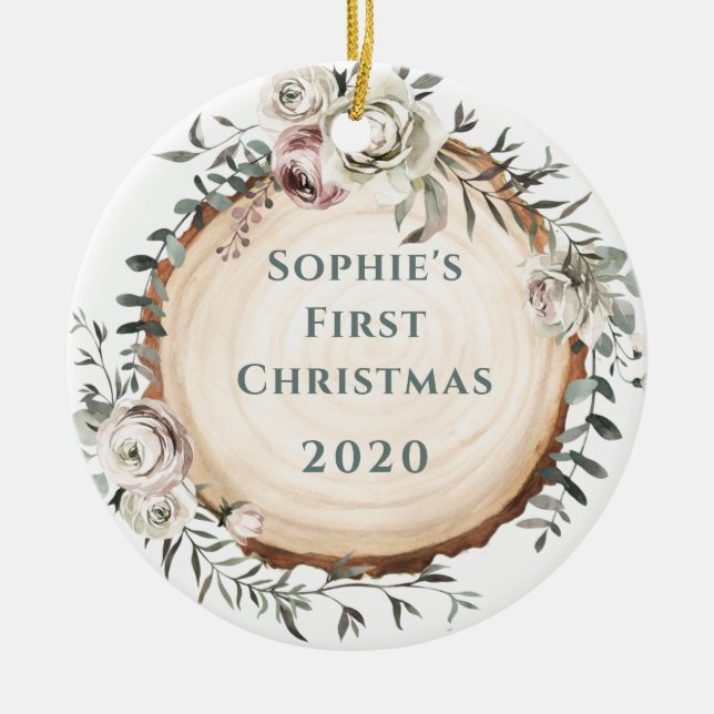 Ornamento De Cerâmica Fatia de Árvores de Madeira com Flores | Primeiro  (Frente)