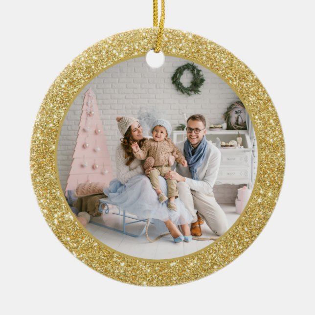 Ornamento De Cerâmica Faux Dourado Natal da família Glitter (Frente)