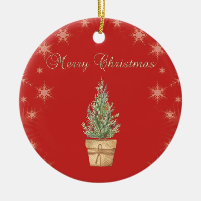 Ornamento De Cerâmica Faux Dourados Flocos de Neve, Vermelho Árvore Nata (Frente)