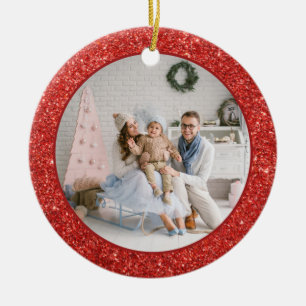 Ornamento De Cerâmica Faux Red Glitter Family Foto Natal