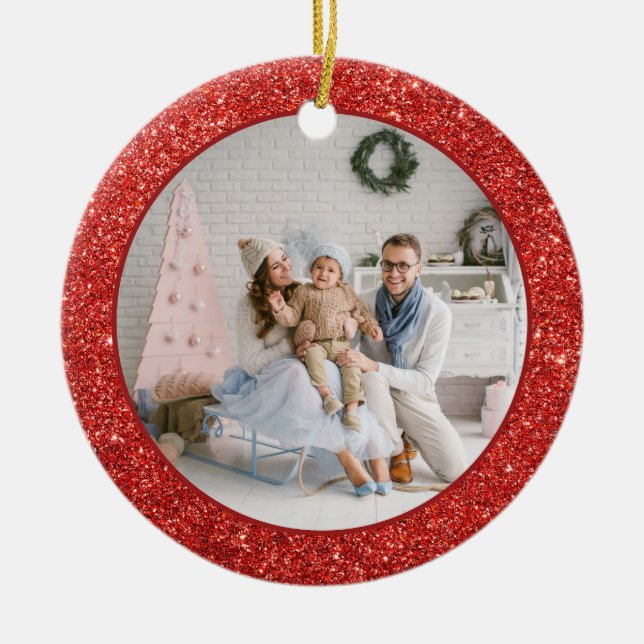 Ornamento De Cerâmica Faux Red Glitter Family Foto Natal (Frente)