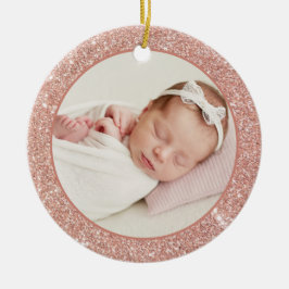 Ornamento De Cerâmica Faux Rosa Dourado Glitter Baby Primeira Foto de Na