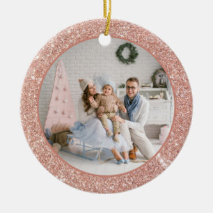 Ornamento De Cerâmica Faux Rosa Dourado Glitter Family Foto Natal