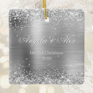 Ornamento De Cerâmica Faux Silver Glitter and Brushed Metal Foil Photo