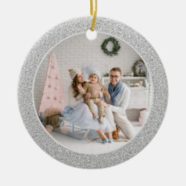 Ornamento De Cerâmica Faux Silver Glitter Family Foto Natal