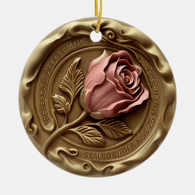 Ornamento De Cerâmica Faux Wax Stamp Gold Pink Rose Flower Anniversary (Frente)
