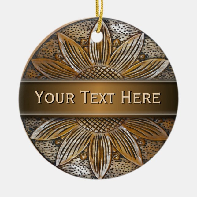 Ornamento De Cerâmica Faux Wood Sunflower Photo Cerâmica Round Ornaings (Frente)