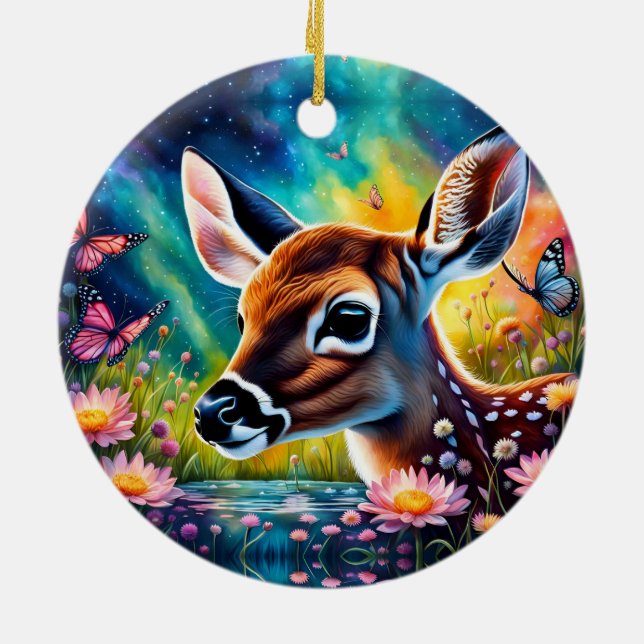 Ornamento De Cerâmica Fawn em Meadow Pond (Traseira)