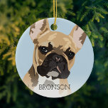 Ornamento De Cerâmica Fawn French Buldogue Christmas<br><div class="desc">Pop art inspirou um enfeites de natal francês de buldogue com um cachorro francês de fada vermelha em um fundo azul pastel que pode ser mudado para qualquer cor,  adicione seu nome de animais de estimação.</div>