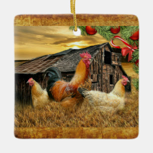 Ornamento De Cerâmica Fazenda do galo de Natal Hen Barn Coop