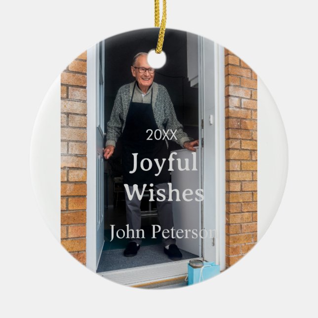 Ornamento De Cerâmica Felicidades adicionam nome foto homem feriado ano  (Frente)