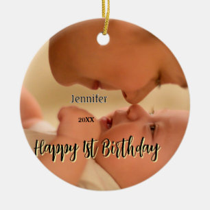 Ornamento De Cerâmica Feliz 1º aniversário crianças bebê mãe preto amare
