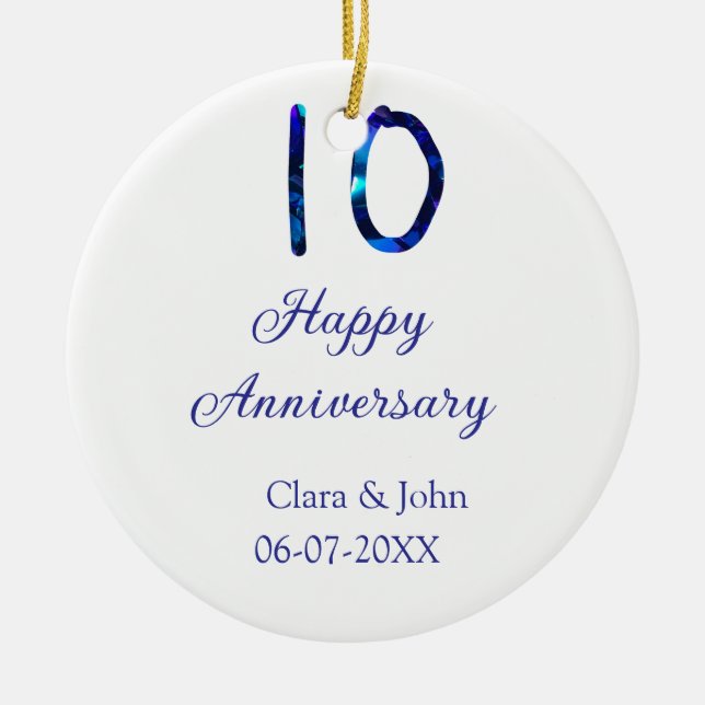 Ornamento De Cerâmica Feliz 10º aniversário data de adição do nome da li (Frente)