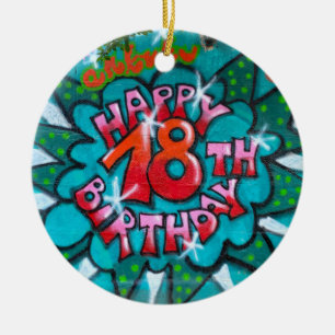Ornamento De Cerâmica Feliz 18.º Grafite de aniversário