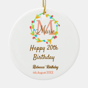 Ornamento De Cerâmica Feliz 20º Aniversário coroa monograma nome vermelh