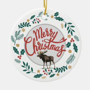 Ornamento De Cerâmica Feliz Alce de Natal com Holly e Pine