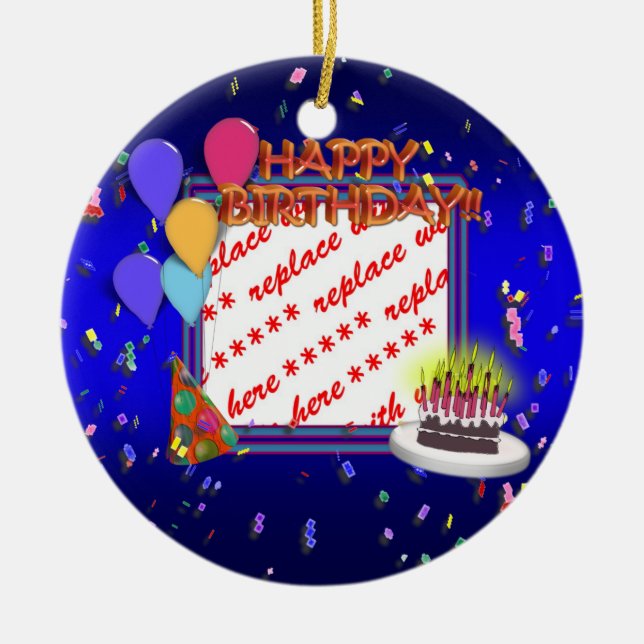 Ornamento De Cerâmica Feliz Aniversário Com Fotografia Confetti (Frente)
