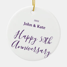 Ornamento De Cerâmica Feliz aniversário de 50 anos nome roxo simples 