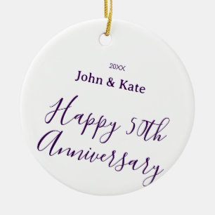 Ornamento De Cerâmica Feliz aniversário de 50 anos nome roxo simples 