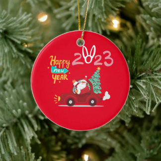 Ornamento De Cerâmica feliz ano novo 2023 - Carro Santa Claus Vermelho